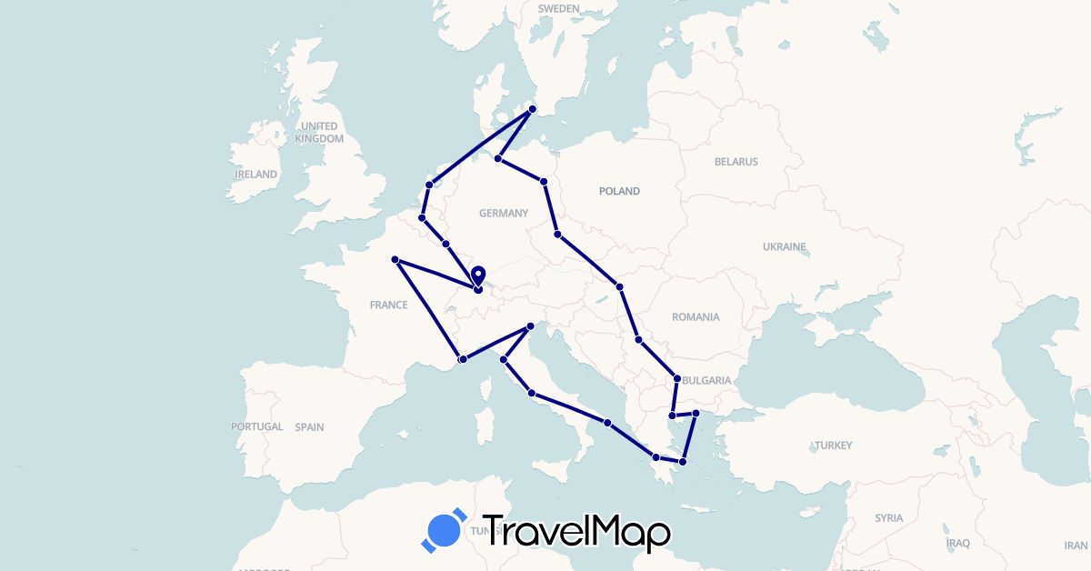TravelMap itinerary: driving in Belgium, Bulgaria, Switzerland, Czech Republic, Germany, Denmark, France, Greece, Hungary, Italy, Luxembourg, Monaco, Netherlands, Serbia (Europe)